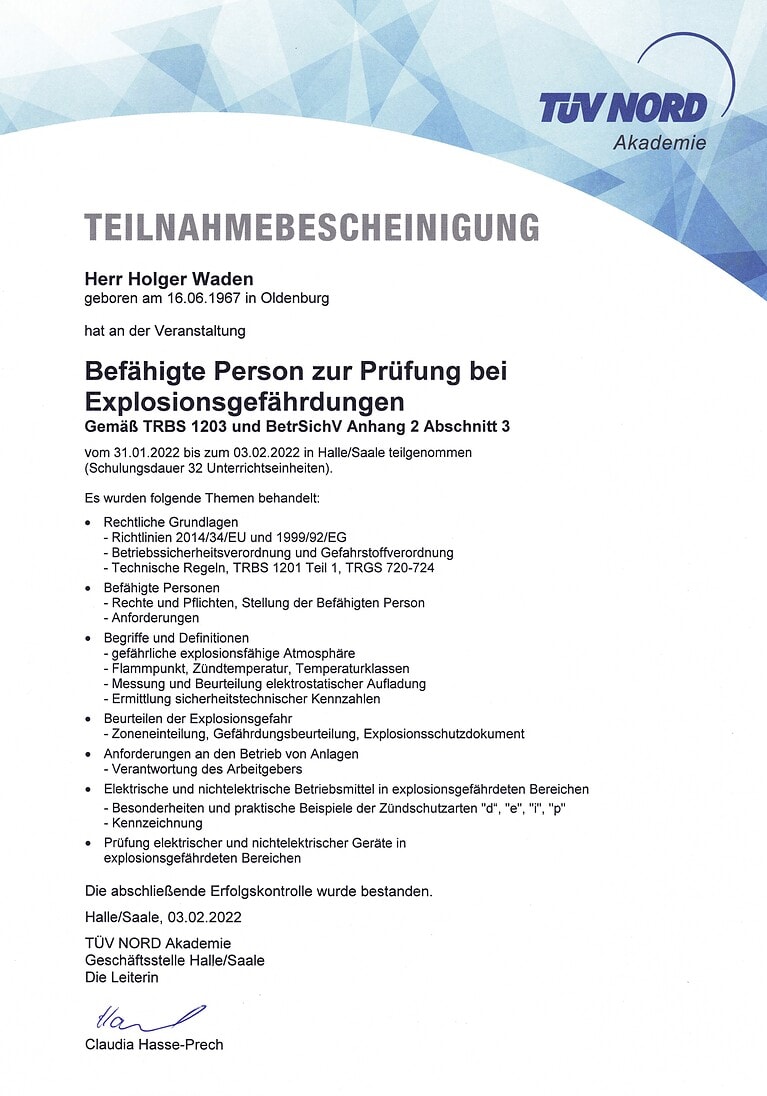 Befaehigte Person zur Pruefung bei Explosionsgefaehrdungen
